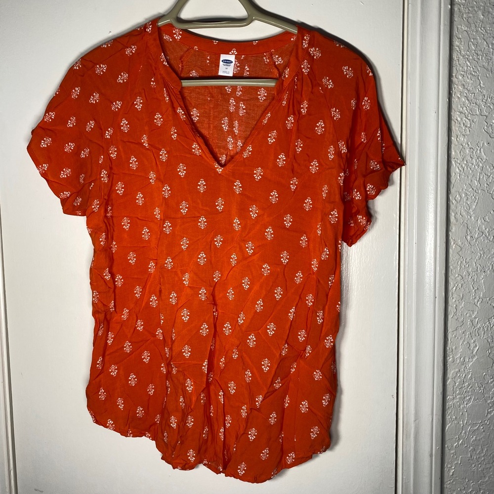 Old Navy‎ Womens Orange White Floral Print V-Neck Rayon Blouse Short Sleeve Med